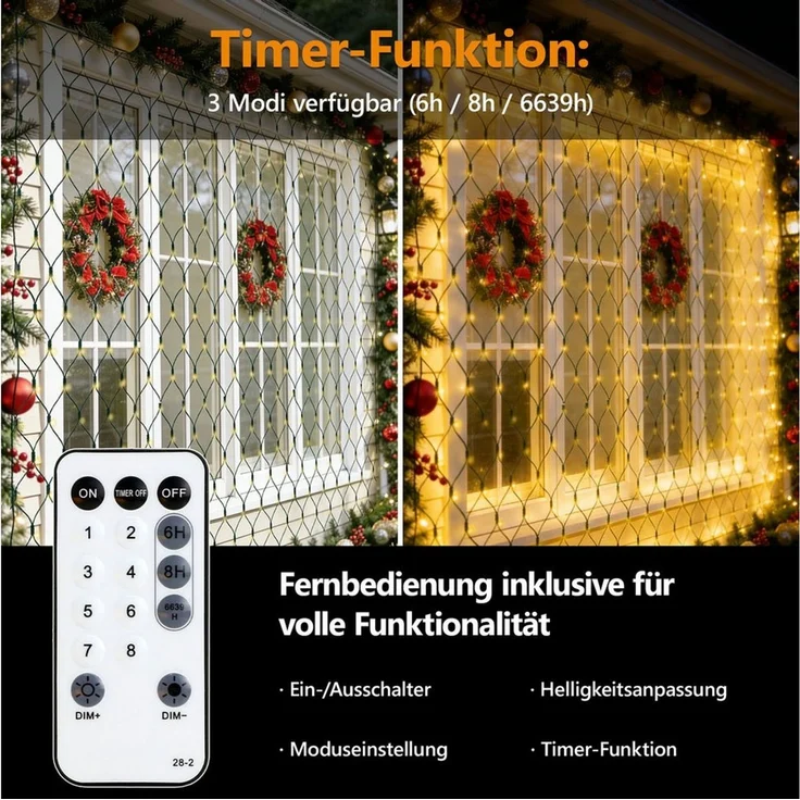 OZAVO LED-Lichternetz 3x2m,200 LED Lichterkette Außen mit Fernbedienung & Timer & 8 Modi, 200-flammig, Wasserdicht Lichternetz Innen für Büsche, Garten, Balkon und Zimmer – Bild 4