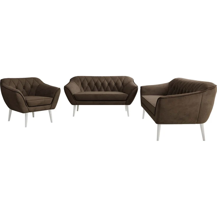 Wohnzimmerset PIRS 1-2-3, Skandinavisches Komplettset, Wellenfederung, weiße Füße, Sitzgruppe, Möbelset - Braun Velvet – Bild 7