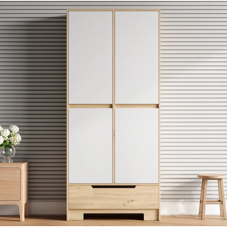 Küchenschrank 80 x 35 x 180 cm in Weiß und Natur mit Schublade und verstellbaren Einlegeböden – Bild 2