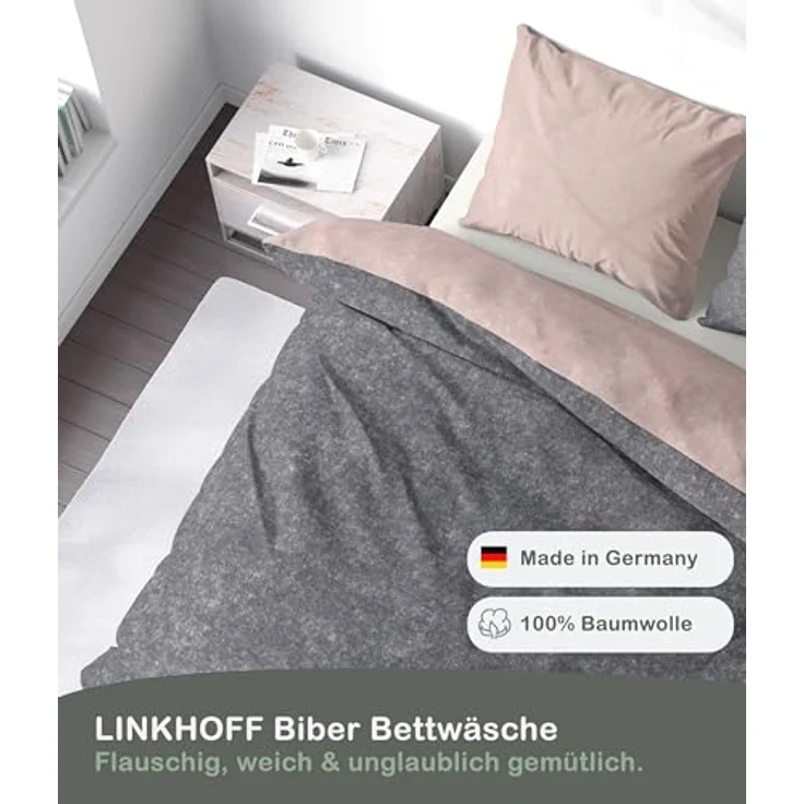 LINKHOFF Wendebettwäsche Biber Bettwäsche 135x200 + 80x80 cm Rosa / Anthrazit Uni, Bügelfrei, Atmungsaktiv, Superweich, Bettwäsche-Set – Bild 5