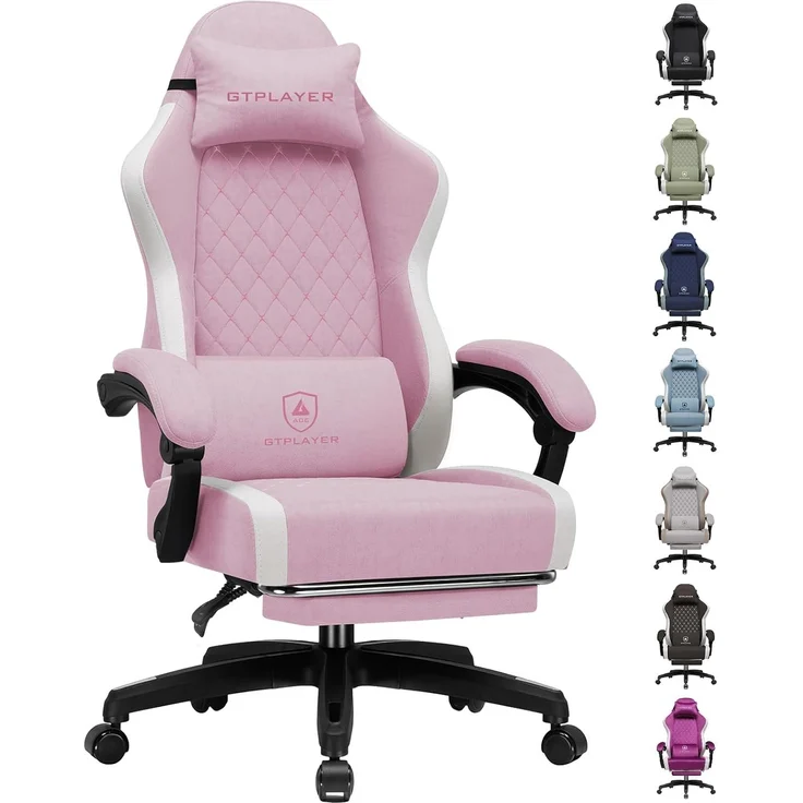 GTPLAYER Gaming Stuhl Ergonomischer, PC Stuhl Atmungsaktiver Stoff, Groß und Hoch Drehbarer Schreibtischstuhl mit Fußstütze,Verstellbare Lendenwirbelstütze und Kopfstütze,Rosa – Bild 1