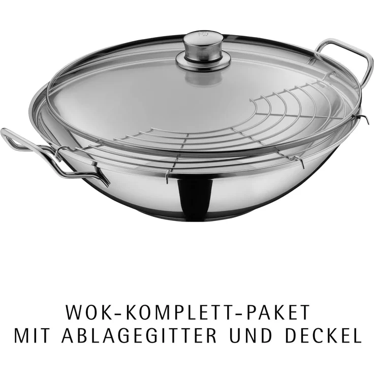 WMF Wok Party Taiwan Wokpfanne Induktion, Cromargan® Edelstahl Rostfrei 18/10 (Set, 3-tlg), Wok mit Deckel und Ablagegitter, für alle Herdarten geeignet – Bild 2