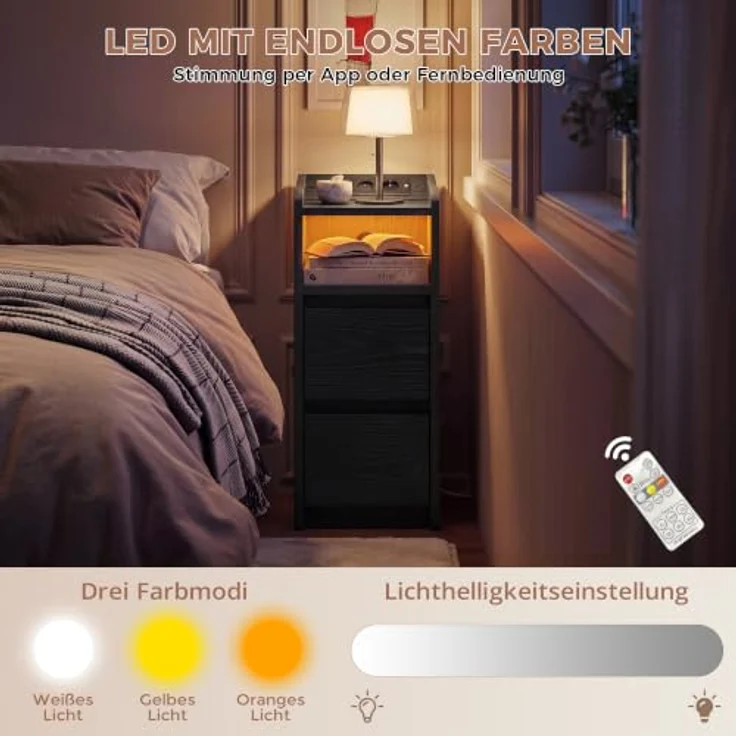 IRONCK Nachttisch 2er Set mit Ladestation und LED (Schwarz) | Weiß Nightstand mit 2 Schubladen, Nachtschrank für Schmale Räume Schlafzimmer, Wohnzimmer, Modern Narrow Bedside Table – Bild 9