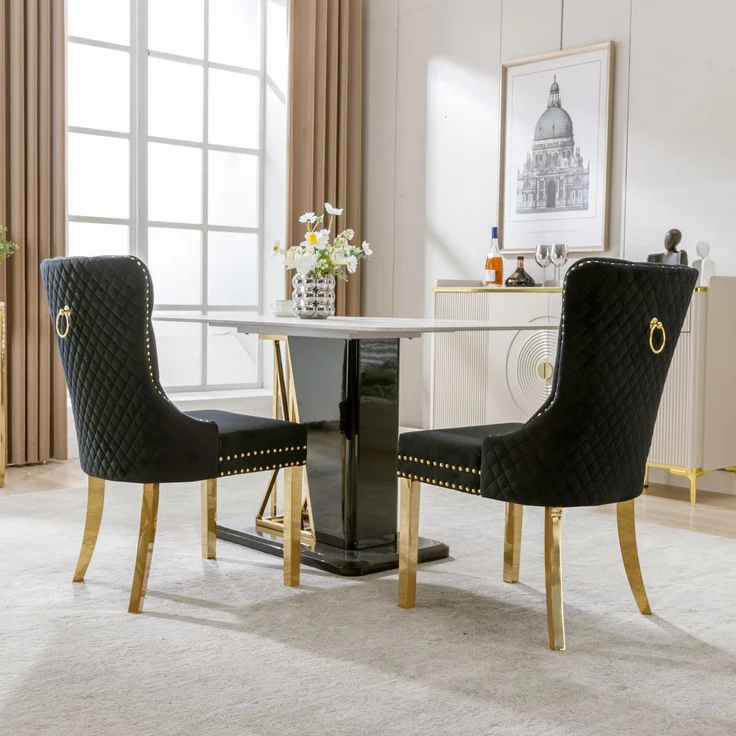 Esszimmerstuhl mit Samtbezug, Edelstahlbeinen und Türklopfer-Design, luxuriöser Polsterstuhl mit Nagelkopfverzierung,verstellbare Füße,Schwarz – Bild 1