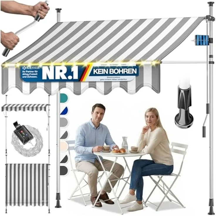 KESSER® Klemmmarkise mit Handkurbel & LED Lichterkette | Balkonmarkise ohne Bohren | Markise UV-beständig höhenverstellbar & wasserabweisend | Sonnenschutz für Balkon Terrasse & Garten Weiß / Grau, 350cm – Bild 1