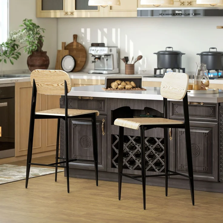 2er-Set Barhocker, Barstühle mit Rückenlehne und Metallgestell, Holz, Hellbraun--Naturholz--103x43x55cm--YOUDENOVA – Bild 9