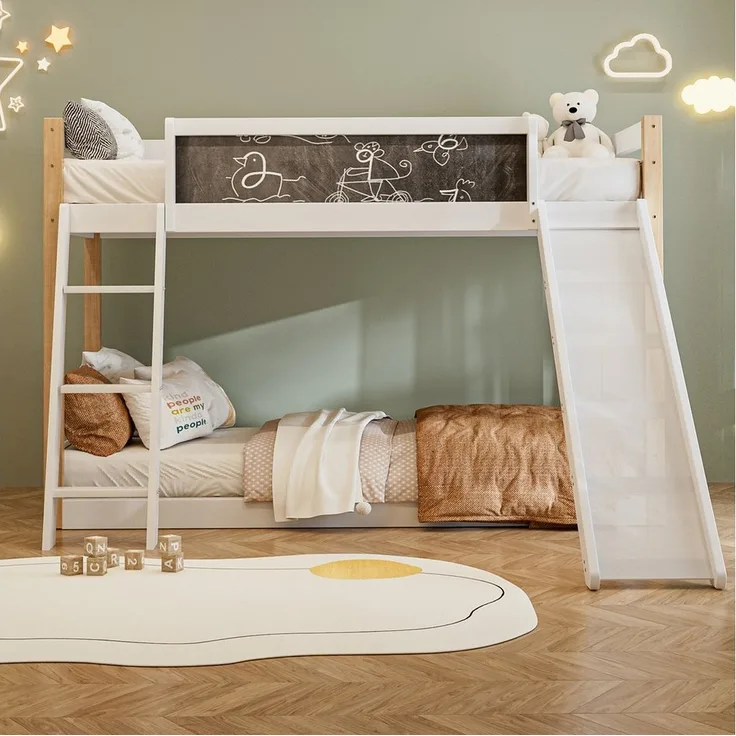 STILVORA Etagenbett 90X190/200 mit Tafel,Jugendbett Kinderbett mit Rutsche&Treppe
