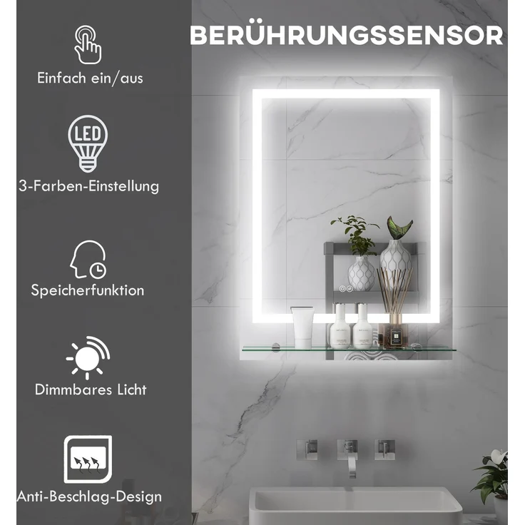 Badspiegel 70x2,7x50 cm mit LED-Beleuchtung, Ablage und Antibeschlag-Funktion – Bild 4