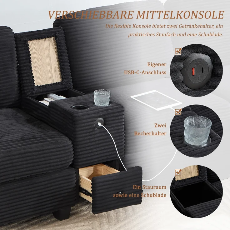 LVHOM 3-Sitzer Sofa mit Hocker, L-Form Ecksofa mit Stauraum, USB-C-Anschluss und 2 Getränkehaltern, modulares Sofa, Schwarz – Bild 6