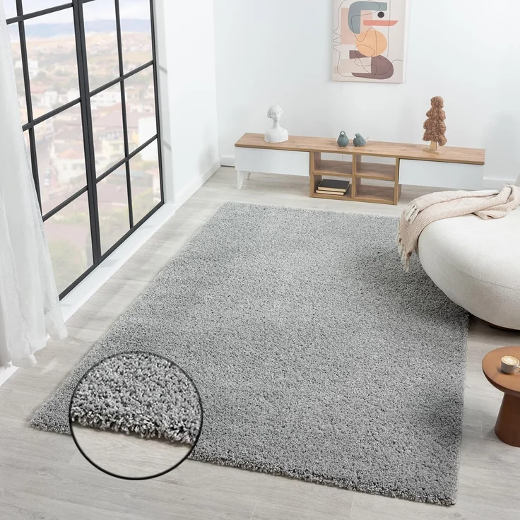 VIMODA Teppich Prime Shaggy Hochflor Einfarbig Grau Weich für Wohnzimmer, Schlafzimmer, küche, Maße:70x250 cm – Bild 1