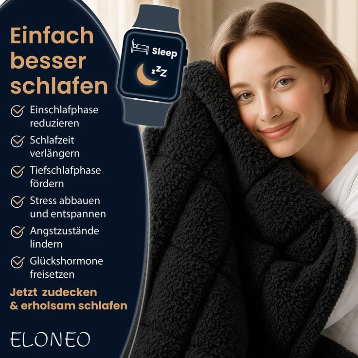 ELONEO Sherpa Fleece Gewichtsdecke 135x200cm 9kg, Oeko-Tex Zertifiziert, Entspannungsdecke & Anti-Stress Therapiedecke, schwere Decke zum Schlafen, schwarz – Bild 3