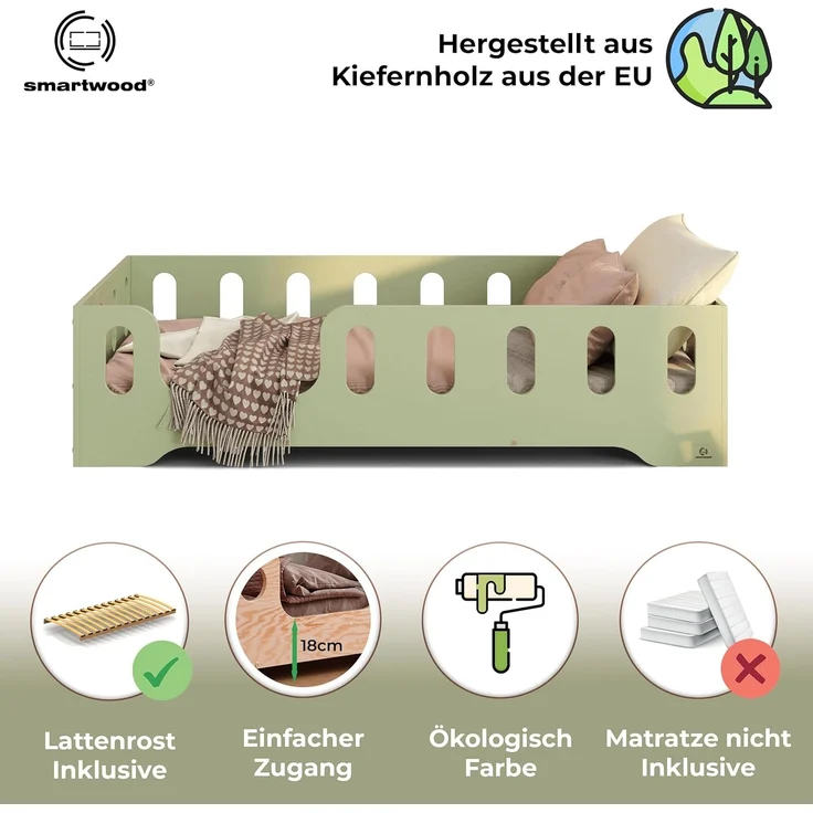 smartwood Kinderbett Bodenbett 90x160 mit Rausfallschutz & Lattenrost - Grün - Kinder Montessori Bett TILA 2L mit glatten Kanten - Betten für schnelle Montage - Bis 230 kg belastbar – Bild 3