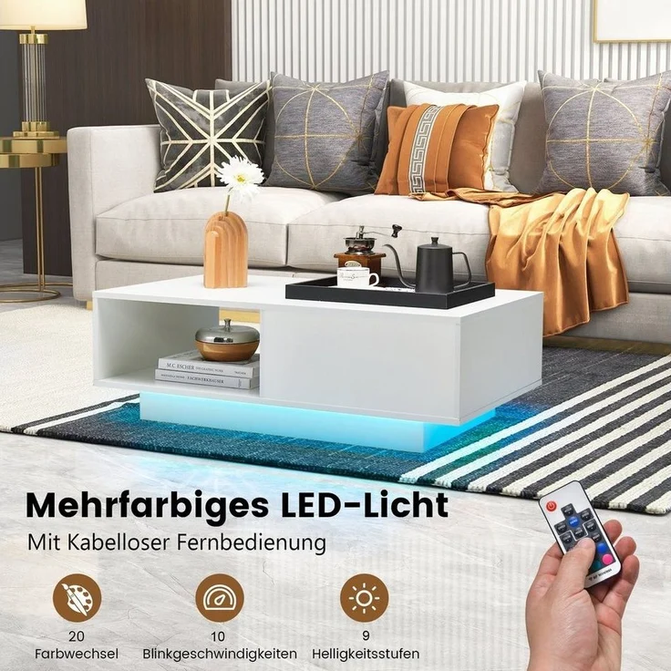 COSTWAY Couchtisch, mit 20 Farben LED-Beleuchtung, Fernbedienung, Schublade – Bild 3