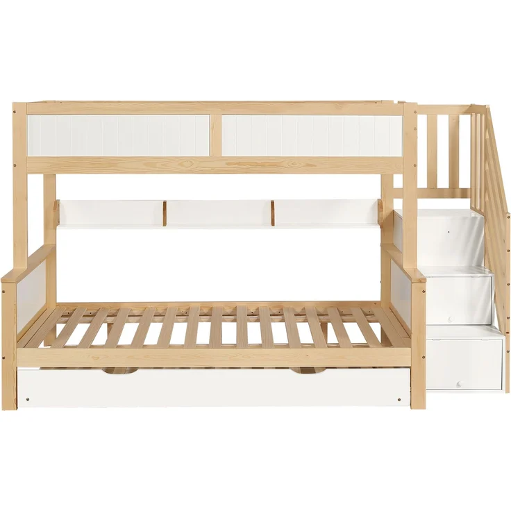 Merax 90x200&120*200cm Etagenbett, Kinderbett, mit Fallschutz und Gitter, Entworfen mit drei Bettpositionen, mit Rollbett, mit Kleiderschrank, Ecktreppe, Kiefer+MDF, Weiß+Natur – Bild 8