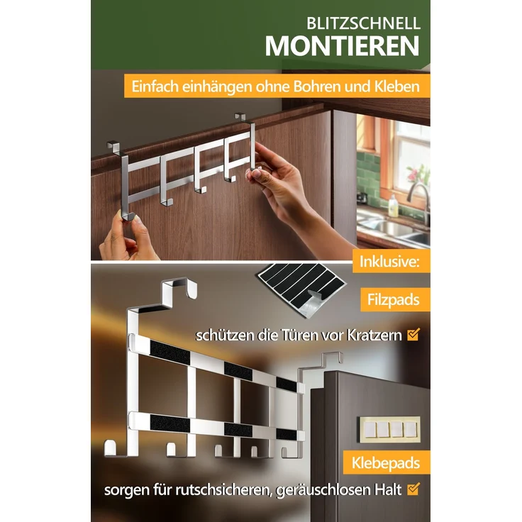 Lindenstein Türgarderobe für Falztüren innen, 5 Haken, Edelstahl, Silber – bis 15 kg – Bild 6