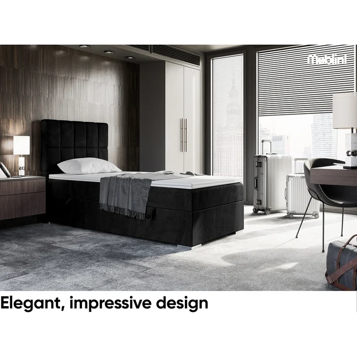 MEBLINI Boxspringbett LUKAS 100x200 cm mit Bettkasten - H4/Schwarz Samt Gepolstert Einzelbett mit Topper & Taschenfederkern-Matratze - 100x200 Links – Bild 1