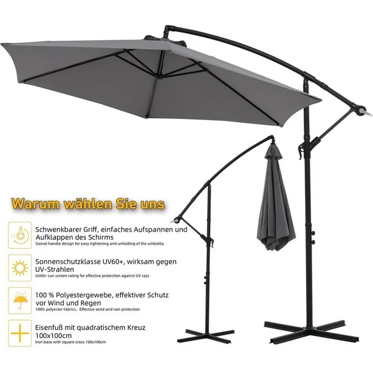 Sonnenschirm 350 cm Marktschirm Strandschirm Grau Kurbelschirm Ampelschirm Gartenschirm Terrassenschirm 3,5 m Meter Aufklappbar Sonnenschutz Garten – Bild 2