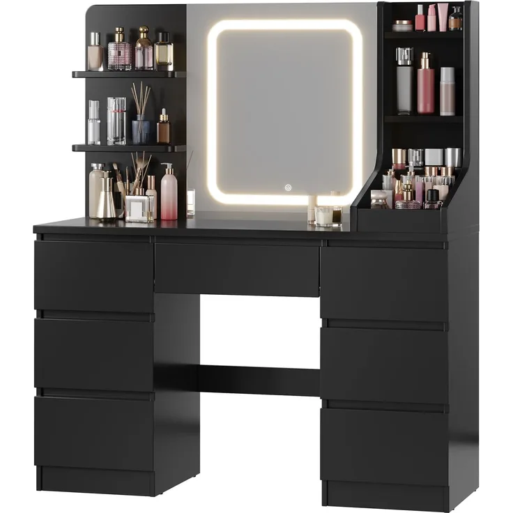 JUMMICO Große Schminktisch mit Verstellbaren LED-Beleuchtung Schminktisch mit Spiegel 64cm*54cm Einstellbare Helligkeit 7 Schubladen, 4 Offenen Ablagen Moderner Stil 110 x 40 x 139 cm Klavierschwarz