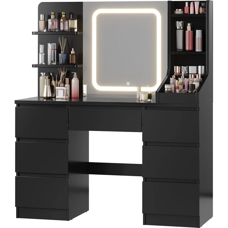 JUMMICO Große Schminktisch mit Verstellbaren LED-Beleuchtung Schminktisch mit Spiegel 64cm*54cm Einstellbare Helligkeit 7 Schubladen, 4 Offenen Ablagen Moderner Stil 110 x 40 x 139 cm Klavierschwarz