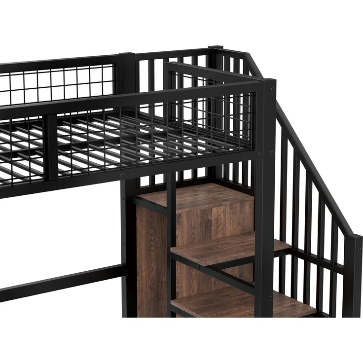 Hochbett Liegefläche 90x200 cm aus Metall und MDF mit Schreibtisch, Regalen und Kleiderschrank in Schwarz-Braun, ohne Matratze – Bild 10