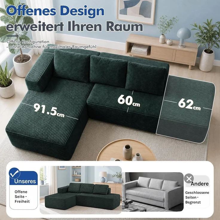 COMHOMA Ecksofa mit Schlaffunktion, 255cm Corduroy Modulares Boneless Couch mit Chaiselongue & Rücken-Metallgestell, L-Form Schlafsofa mit offenem Design, Kissen & Seitentaschen,für Wohnzimmer, Grün-R – Bild 10