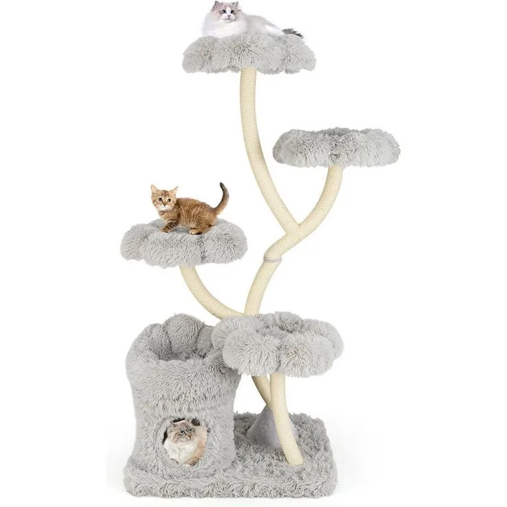 KOMFOTTEU Kratzbaum, mit 4 blumenförmigen Plattformen, 1 Höhle & 1 Katzenbett