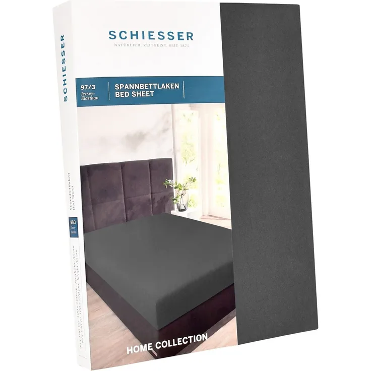 Schiesser Spannbettlaken Jersey-Elasthan, 97% Baumwolle, 3% Elasthan, Wasserbett- / Boxspringbettgeeignet, Anthrazit, 140x200 cm bis 160x220 cm
