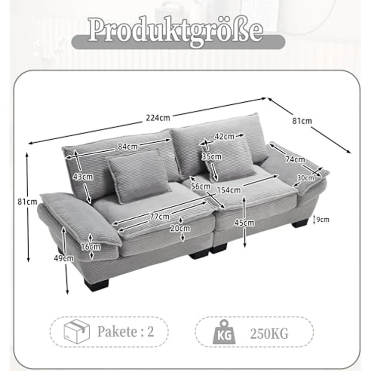 Ball & Cast Couch mit Schlaffunktion, Samt Sofa 2 Sitzer mit Kissen für das Wohnzimmer Wohnung Schlafzimmer, 224 x 81 x 81 (BxHxT), Hellgrau – Bild 2