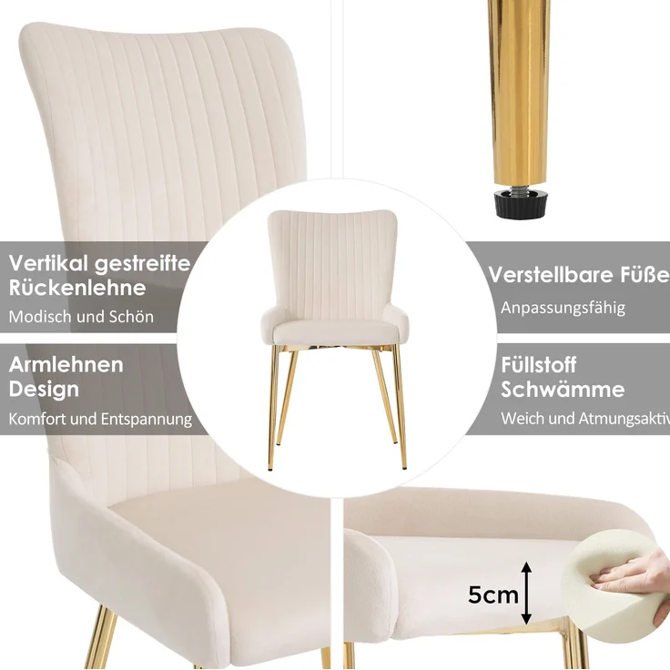 Esszimmerstuhl 2er-Set, Samt mit Metallgestell, Lounge-Design, 85x43x47, beige/gold – Bild 2