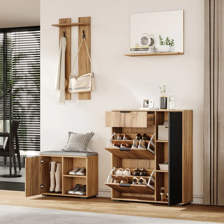 Flur-Garderoben-Set, Wandgarderobe; Garderoben-Set mit Schuhbank und Schuhschrank, 1 Spiegel, 1 Schublade, 2 Haken, 4 Türen, naturfarben und black, B140× T35 × H139 cm--Natürlich--140x35x139cm--YOUDENOVA – Bild 1