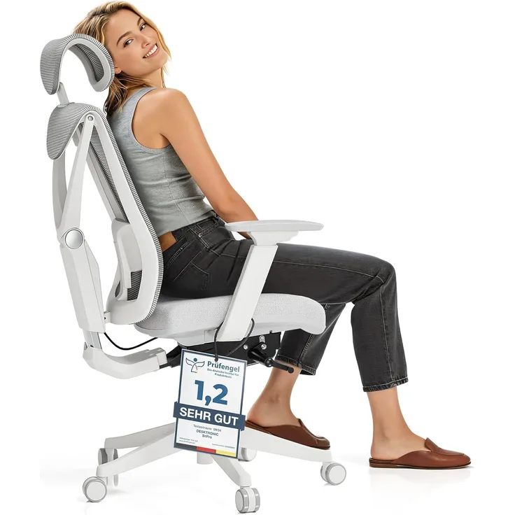 Desktronic Verstellbarer ergonomischer Bürostuhl | Schreibtischstuhl mit Lendenwirbelstütze - rückenfreundlich- Computerstuhl höhenverstellbar & rückenschonend - breites Polster SitPro (Grau)