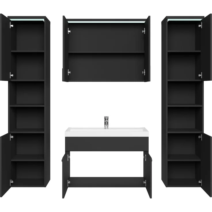 Badplaats Badmöbel Komplettset Paso XL LED 80x40 cm Schwarz Hochglanz - Badezimmermöbel mit Waschbecken, Spiegelschrank und 2 Badezimmerschränke – Bild 4
