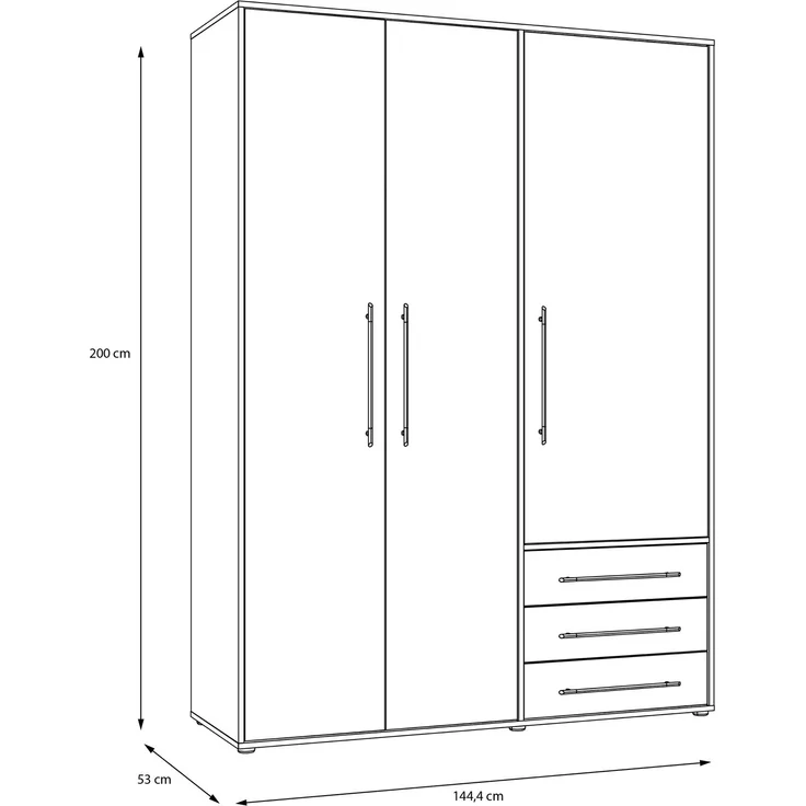 Forte MOKKARIS Kleiderschrank 140 150, 3-türig, 2 Schubladen, Einglegeböden, Kleiderstange, Holzwerkstoff, Sonoma Eiche Holzdekor / Salbei, 144,4 cm breit x 200,1 cm hoch x 52,7 cm tief – Bild 6