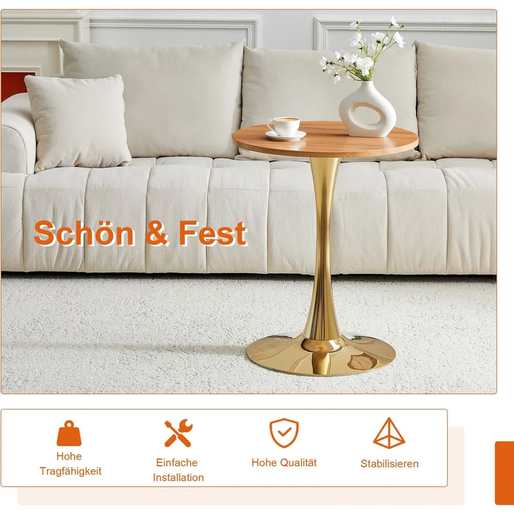 Esstischgruppe H 72 x T 60 x B 60 cm mit 2 Stühlen, MDF-Tischplatte, PU-Leder, goldfarbenes Metallgestell – Bild 8