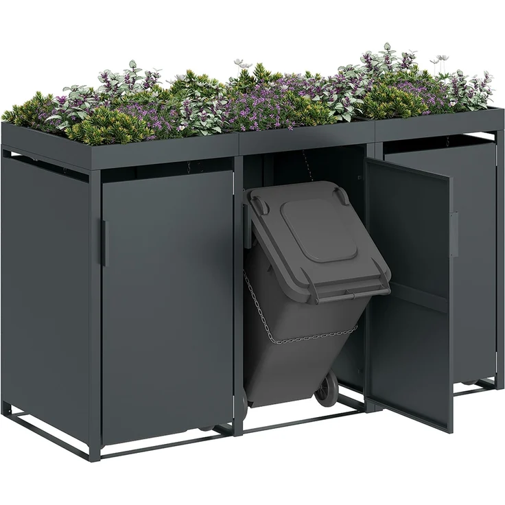STEELSØN 'Thoria' Mülltonnenbox 3er je 240 Liter, anthrazit, Mülltonnenverkleidung aus Stahl, wetterfest, 125x80x203 cm, Müllbox mit Pflanzendach für 3 Tonnen – Bild 12
