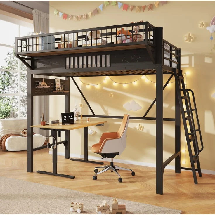 Hochbett 90x200 cm aus Metall mit Staufächern und offener Unterebene – Ohne Matratze – Bild 4