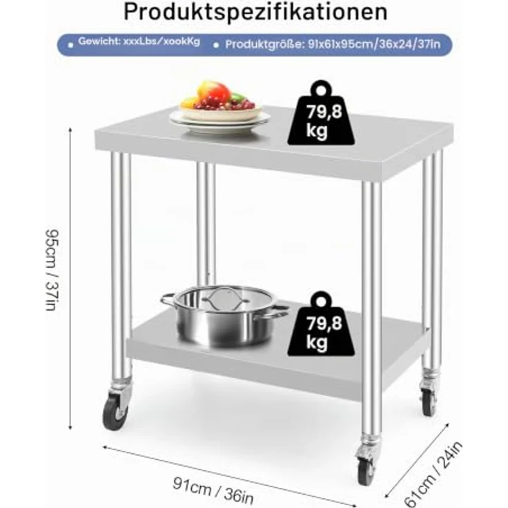 GarveeHome Arbeitstisch aus Edelstahl für Lebensmittelzubereitung, höhenverstellbar mit 3 Stufen, 4 Lenkrollen (2 gebremst), Maße 91x60 cm, ideal für gewerbliche Küchen, Restaurants & Catering – Bild 3