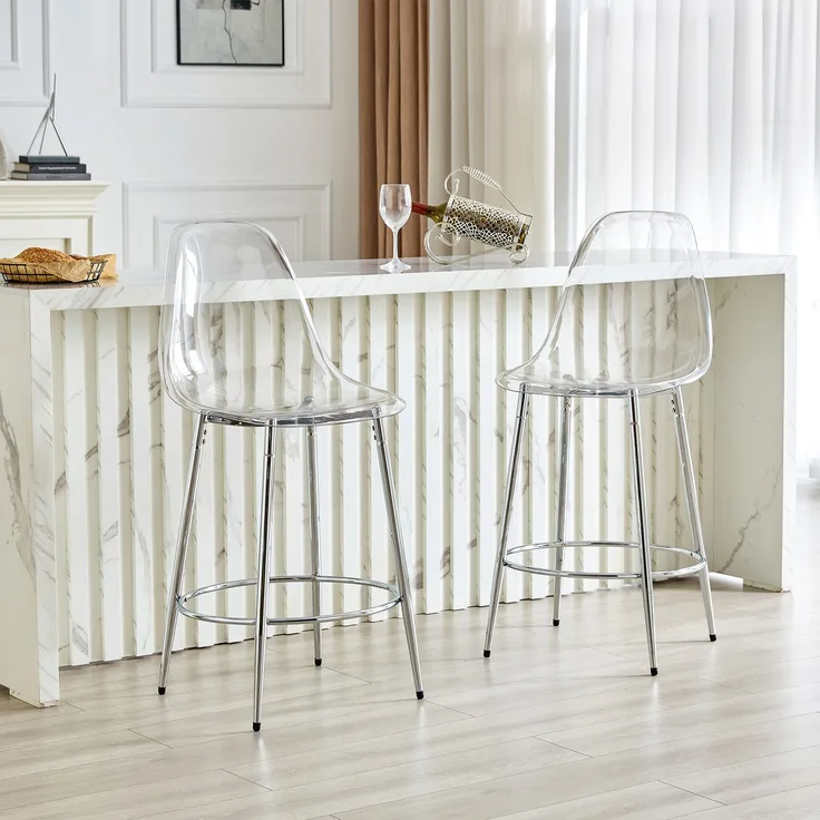 2er-Set transparenter Barhocker mit Schwebendesign – ideal für europäische Küchen. Silberne Metallbeine passen perfekt zum modernen Luxus-Minimalismus.Höhe: 102 cm.--Silber, Transparent--102x48.5x48.5cm--YOUDENOVA