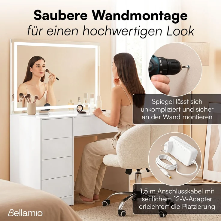 Bellamio 'Livny' Schminkspiegel mit LED-Beleuchtung, dimmbar, mit 3 einstellbaren Lichtfarben, weiß, 110x70 cm, inkl. Touch-Screen (mit Wandbefestigung) – Bild 8