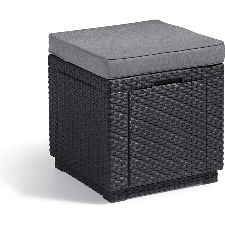 Allibert by Keter Cube Hocker mit Stauraum, grau, inkl. Kissen, Deckel abnehmbar, flache Rattanoptik, wetterfest, 42 x 42 x 39 cm