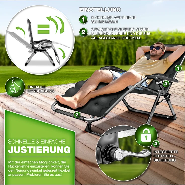 tillvex® Liegestuhl klappbar bis 200 kg Beige | Sonnenliege wetterfest für Balkon, Garten & Terrasse | Outdoor Liege verstellbar mit dickem Polster | Relaxliege mit Nackenkissen, Getränkehalter & Auflage – Bild 3