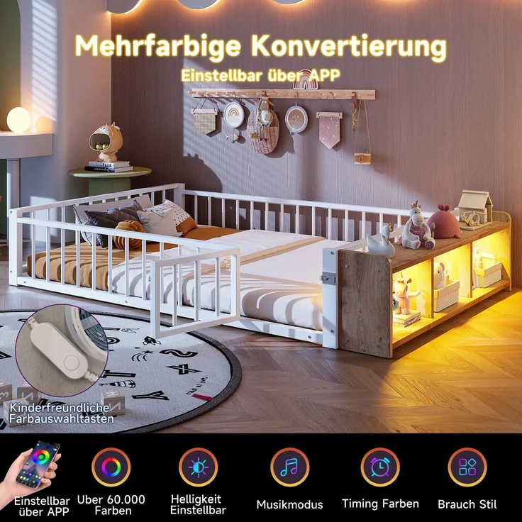 Kinderbett mit LED-Streifen, Regal, Zaun, Lattenrost und Tür, 140x200 cm, Einzelbett mit Rausfallschutz, Metallbett – Bild 4