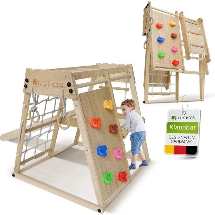 Juskys Mini Klettergerüst mit Rutsche, Kletterwand, Kletternetz & Turnringe, klappbar, Holzwerkstoff natur, 105 x 100 x 100 cm – Bild 1