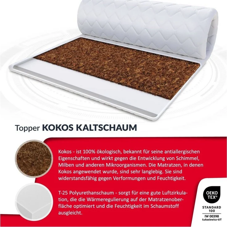FDM, Topper KOKOS-KALTSCHAUM 90x200, 140x200, 180x200 cm & weitere Größen, 4 cm hoch, (orthopädischer, Matratzentopper) – Bild 3