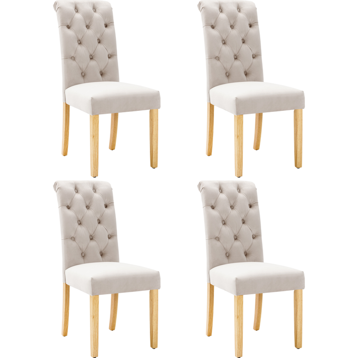 Esszimmerstuhl 4er-Set, Samt mit Eichenbeinen & Knopfheftung, 100 x 63 x 43, Beige – Bild 7