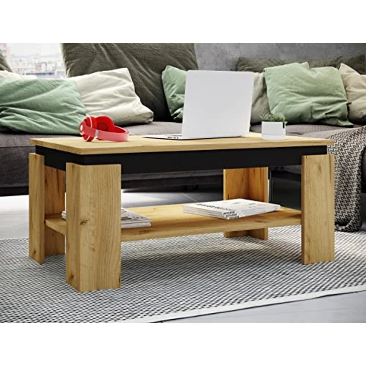 MID.YOU Couchtisch, schwarz und Honigeiche, rechteckig mit offenen Fach und Stauraum, 53x41x90 cm, einfacher Aufbau – Bild 2