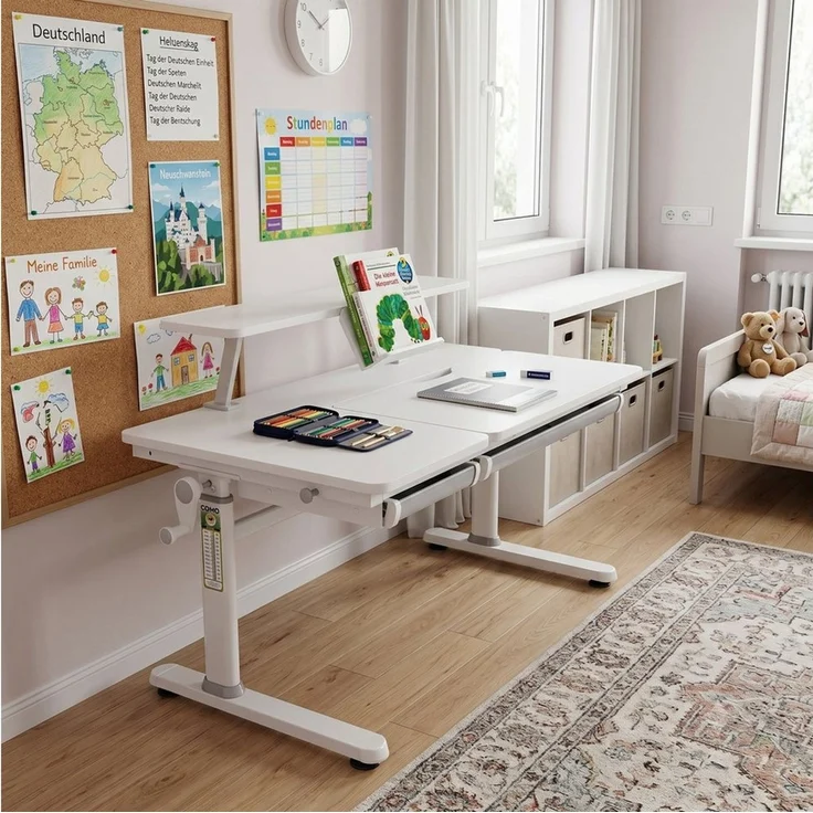 HOKO Kinderschreibtisch mit Schreibtischaufsatz mit Buchstütze (Manuell höhenverstellbar mit Verstellbarer Tischplatte und Butler mit Buch-Halterung, 1-St)