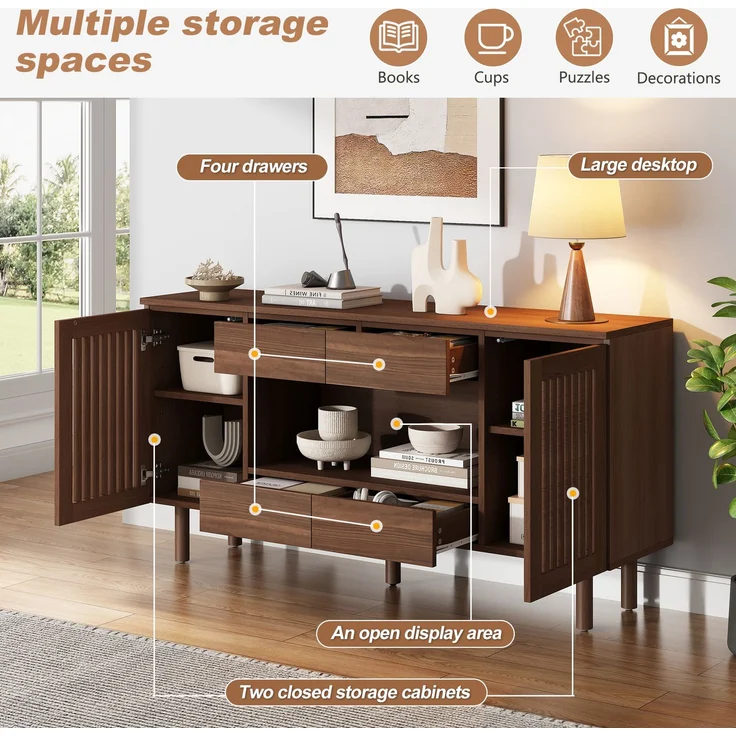 ZUBALIYA Sideboard 140x35x71 cm, mit 4 Schubladen, aus MDF, Walnuss – Bild 13