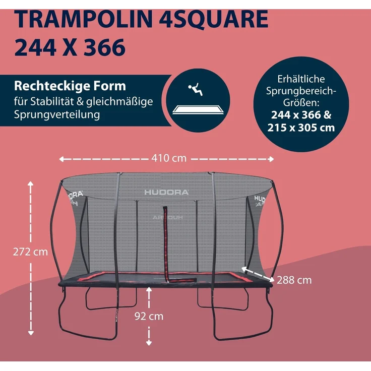 Hudora '4square' Trampolin mit Sicherheitsnetz, Stahl schwarz, 288 x 410 x 272 cm – Bild 13