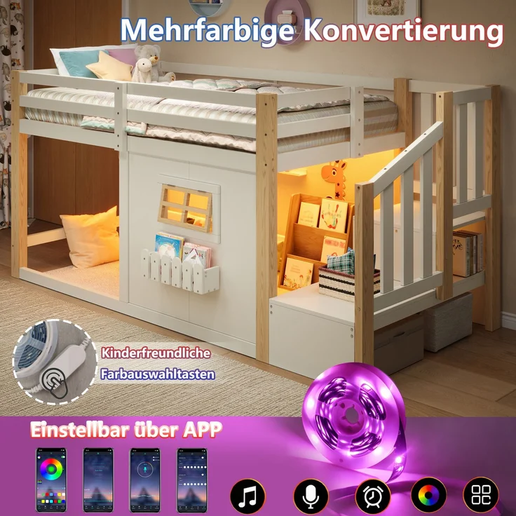 Merax Kinderbett, Hochbett, 90 x 200 cm, Kiefernholz, Fenster, Aufbewahrungsleiter, LED-Lichtleiste, Ohne Matratze, Natur + Weiß – Bild 7